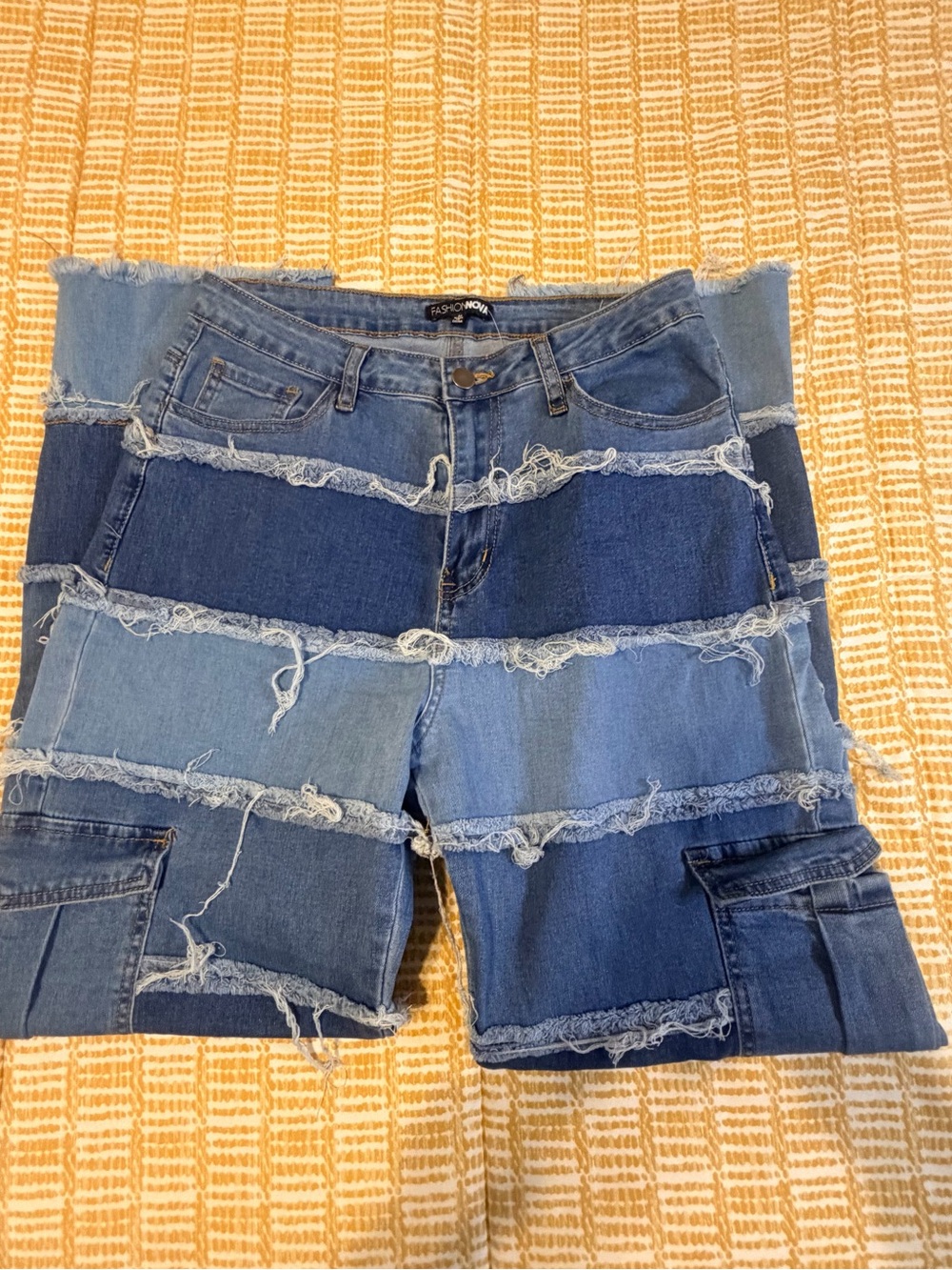 Fashion Nova Blue Patchwork Relaxed Cargo Jeans